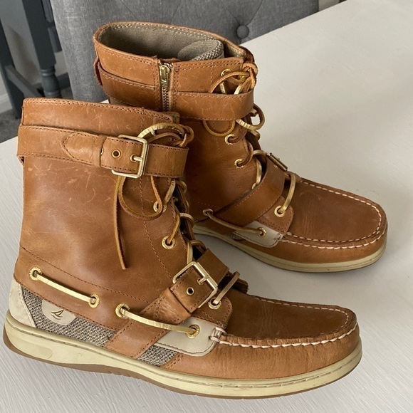Sperry Top Sider Leather Upper Boots Gold Laces Lace Up Double Buckle Like New - Picture 7 of 17